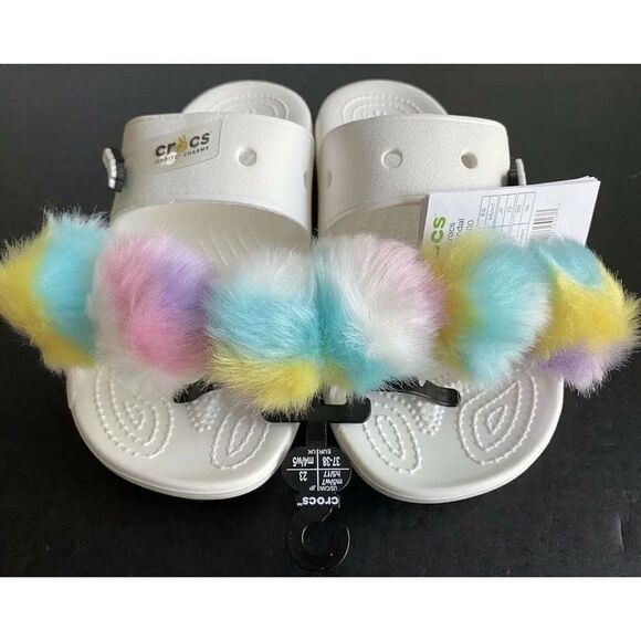 CROCS Classic Fur Sure Sandals Unisex Sz 7 Women’s White Rainbow NWT - Picture 1 of 8